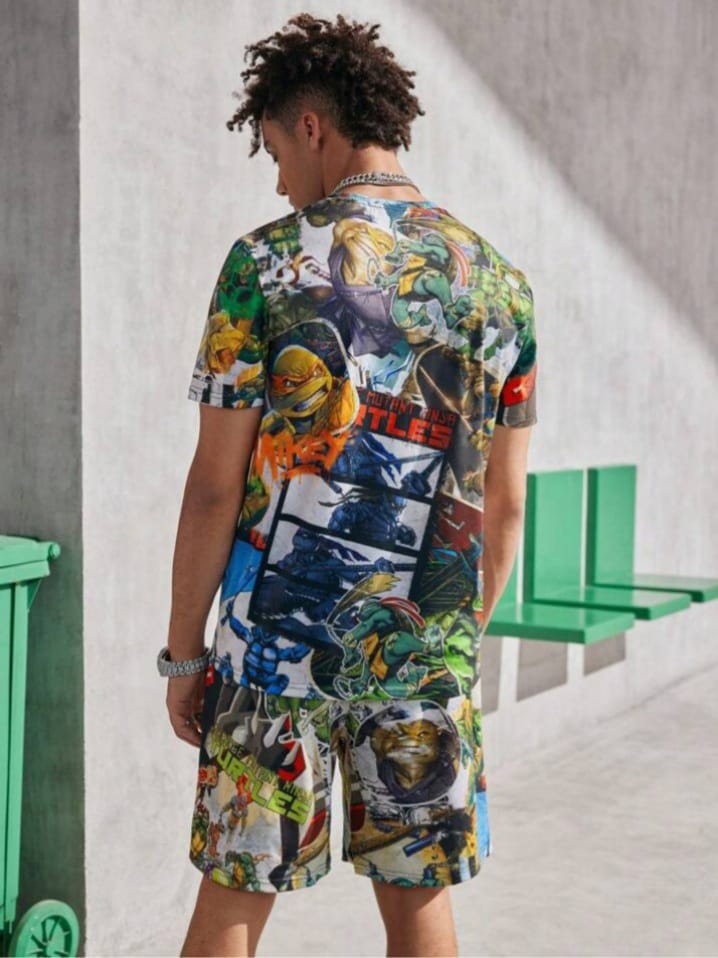 Bonga Boys Men's Casual Cartoon Graphic Short Sleeve T-Shirt & Short Sleepwear Set